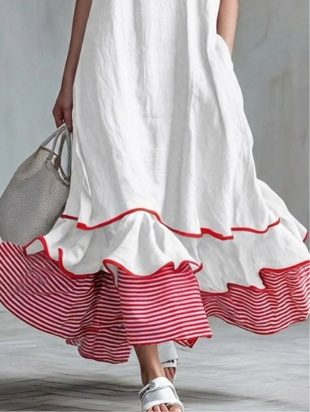 Round Neck Short Sleeve Striped Ruffle Tiered Maxi Dress 3