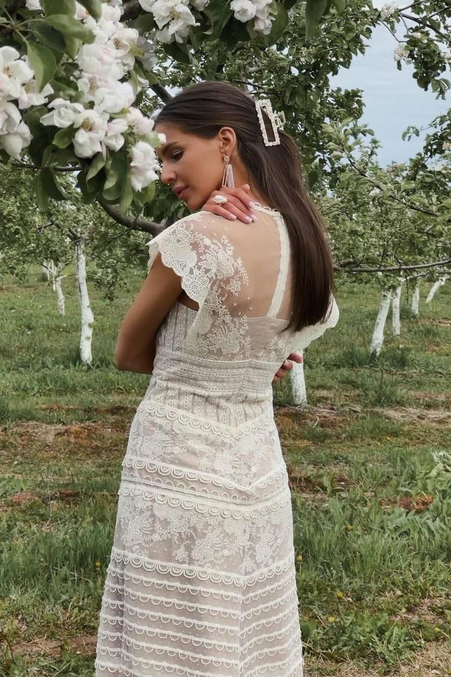 Floral Embroidered Mesh Cap Sleeve Midi Dress - View 9