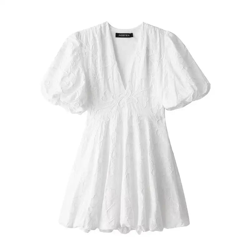 Floral Emboss Puff Sleeve Deep V-Neck Fit and Flare Mini Dress - View 5