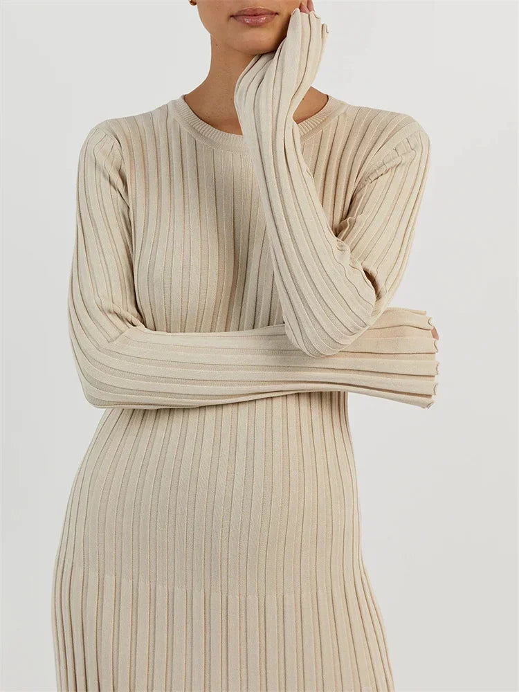 Ribbed Knit Mock Neck Bell Sleeve Bodycon Maxi Dress - View 2