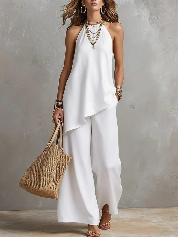 Halter Neck Asymmetric Hem Top and Wide Leg Pants Two Piece Set