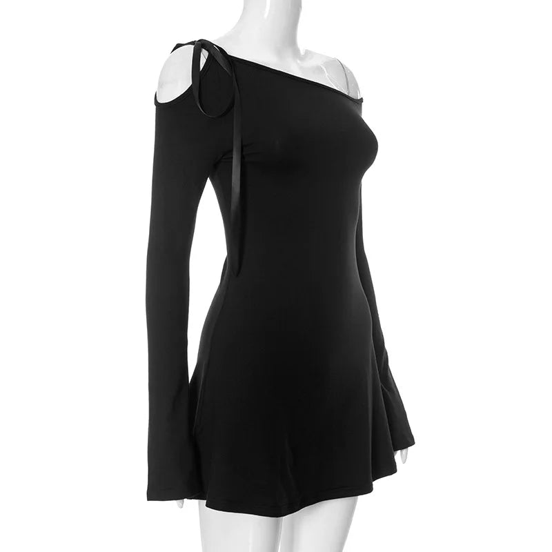Long Shoulder Tie Up Graceful Hollow Out Mini Dress