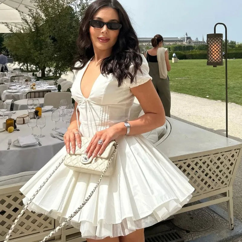 Deep V-Neck Puff Sleeve Corset Fit and Flare Mini Dress - View 4