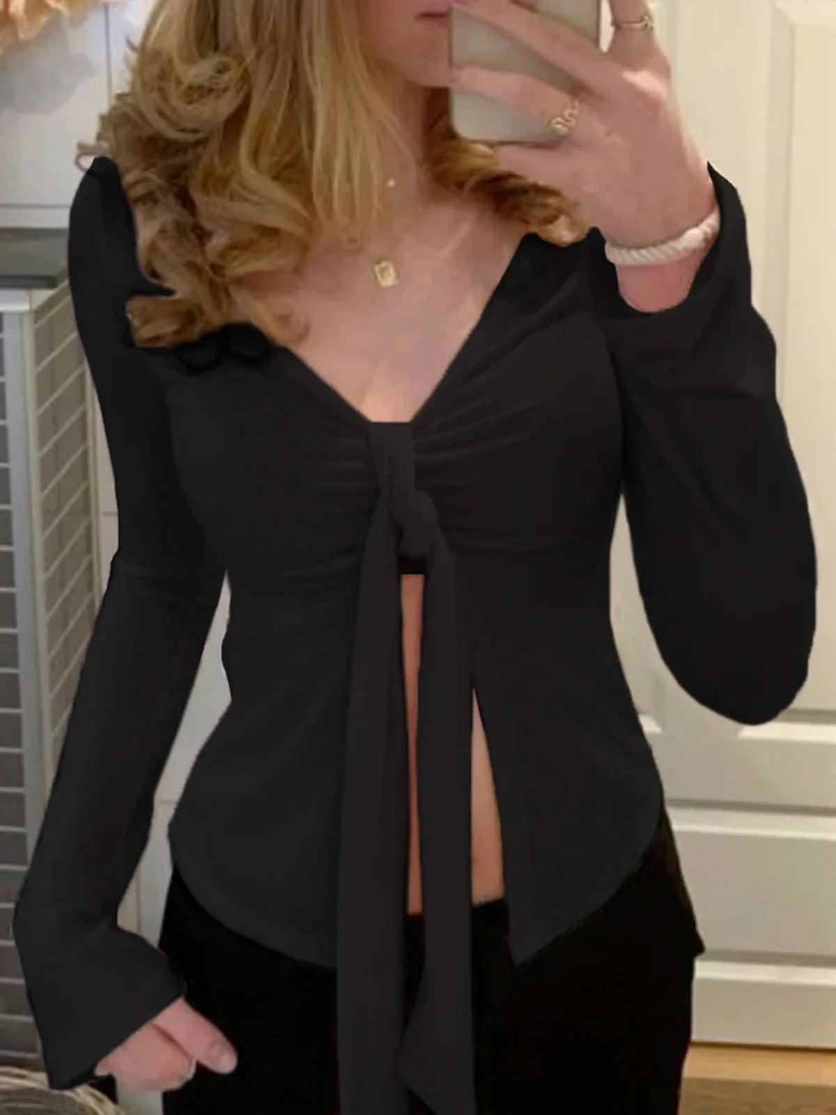 V-neck Split Slim Blouse