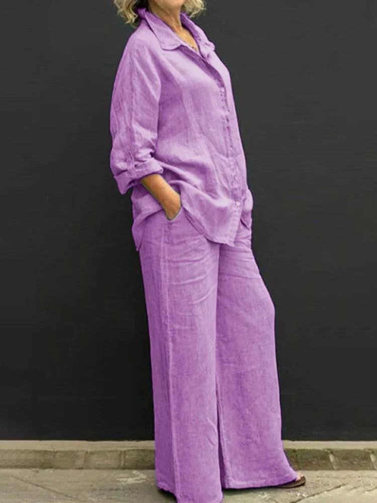 Long Sleeve Button Front Shirt and Wide Leg Pants Two Piece Set 5