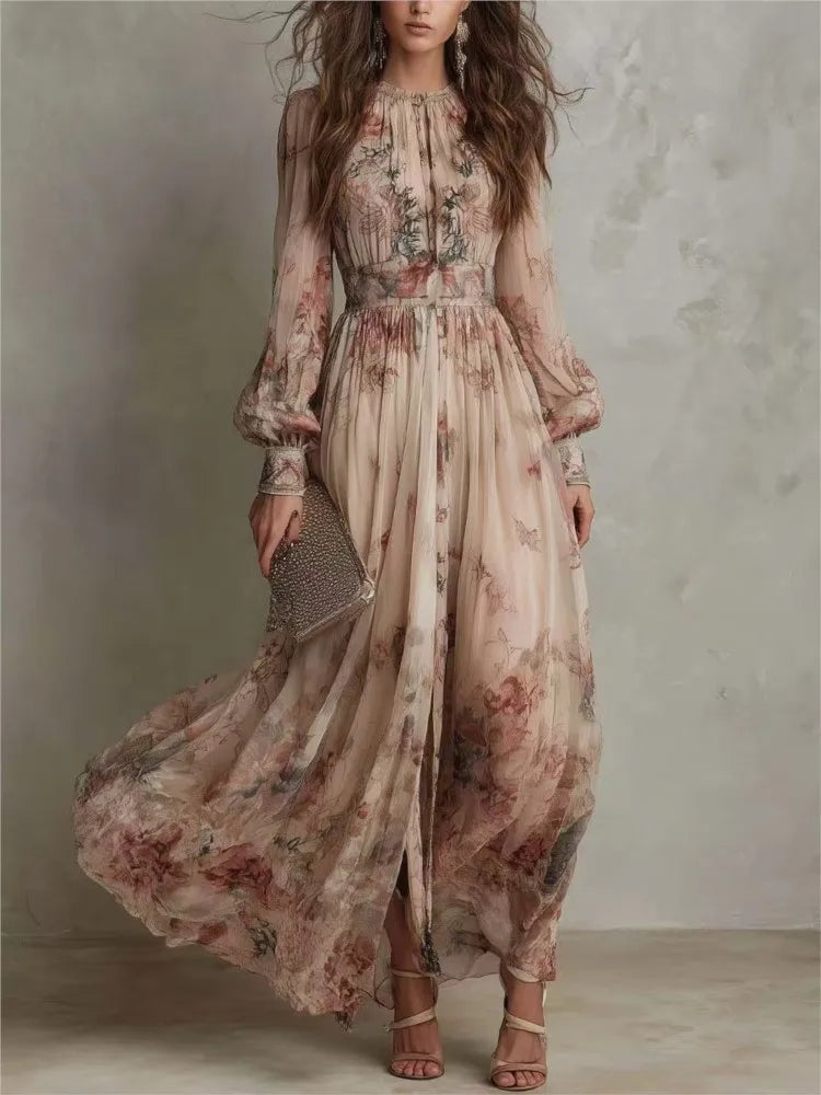 Floral Tie Neck Long Sleeve High Split Chiffon Maxi Dress 3