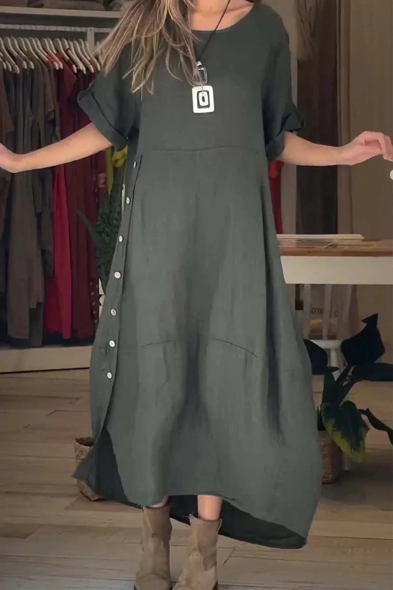 V-Neck Roll Tab Sleeve Pocket Oversized Maxi Dress 6