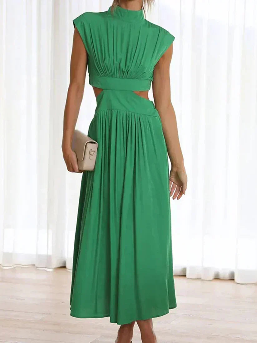Sleeveless Mock Neck Side Cut Out Pleated Maxi Dress - View 5