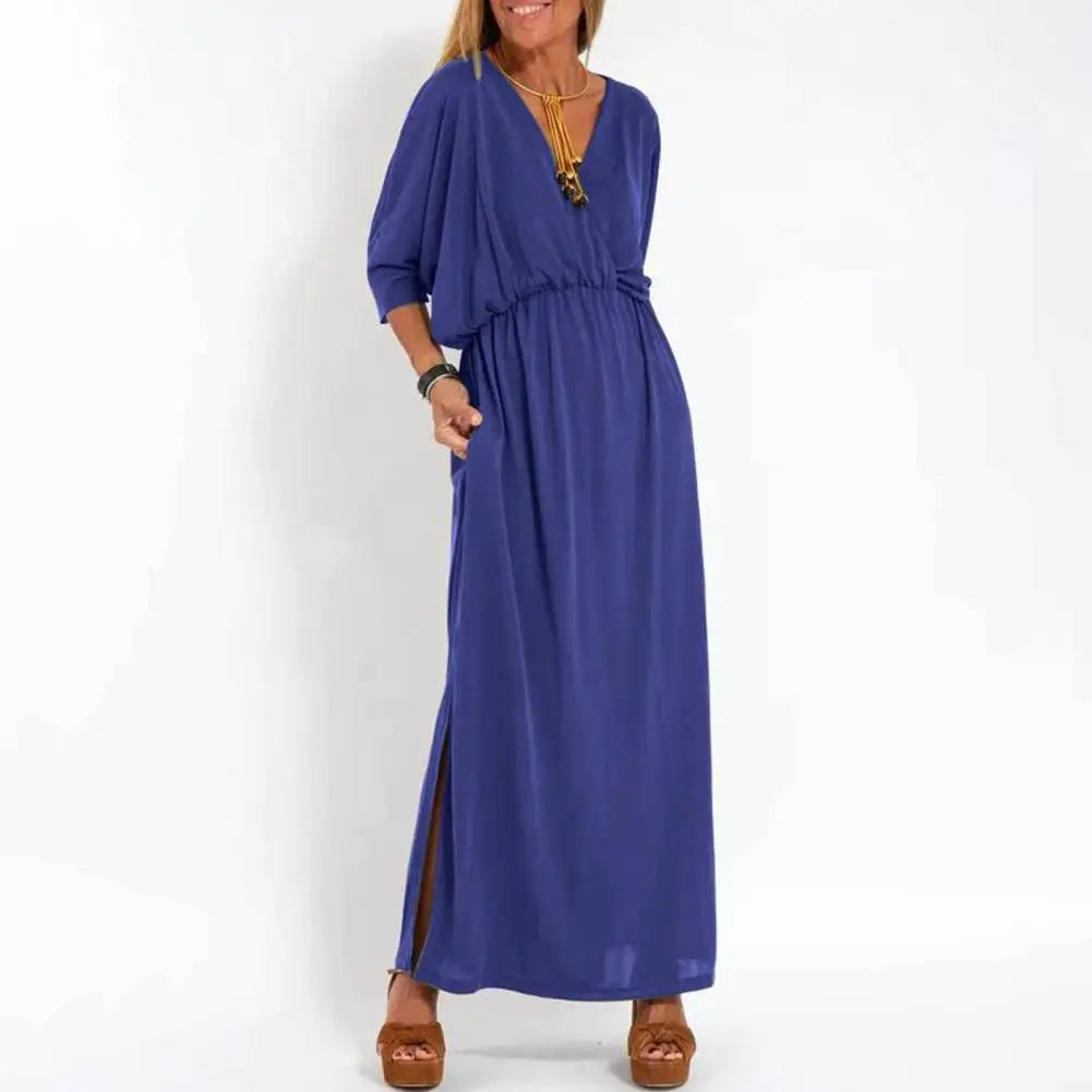 V-Neck Batwing Sleeve Elastic Waist Pocket Maxi Dress 11