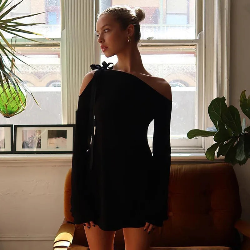 Long Shoulder Tie Up Graceful Hollow Out Mini Dress