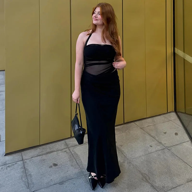 Mesh Halter Neck Backless Ruched Bodycon Maxi Dress - View 16