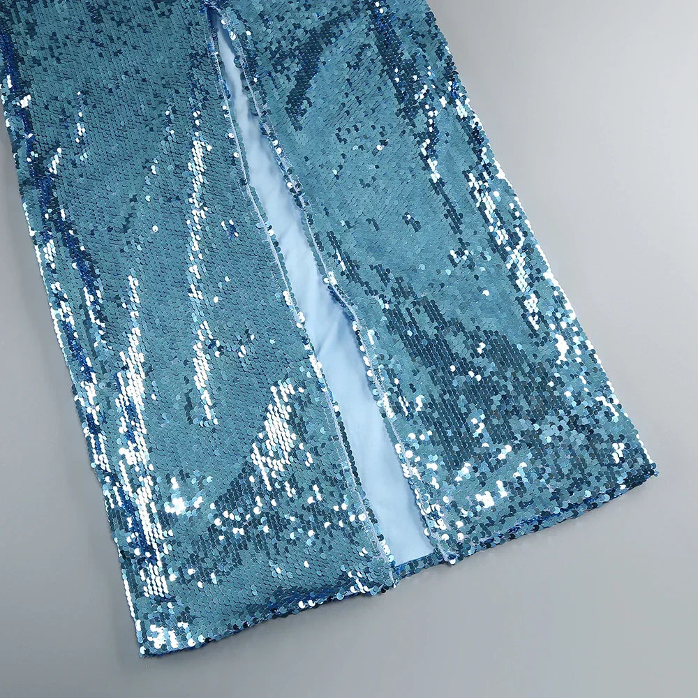Sequin Halter Neck Bodycon High Split Maxi Dress - View 7