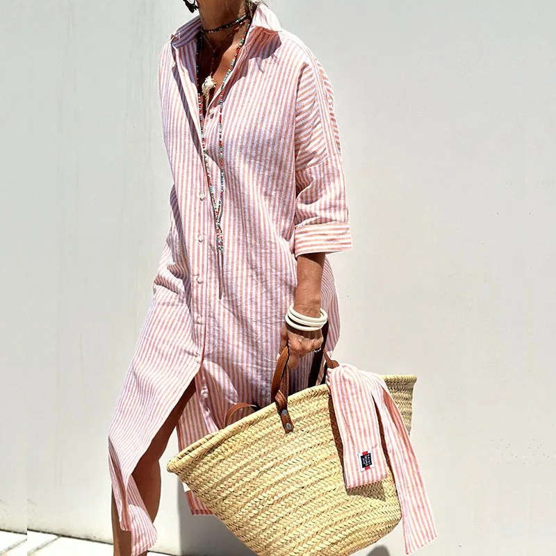 Vertical Striped Collared Button Down Maxi Shirt Dress