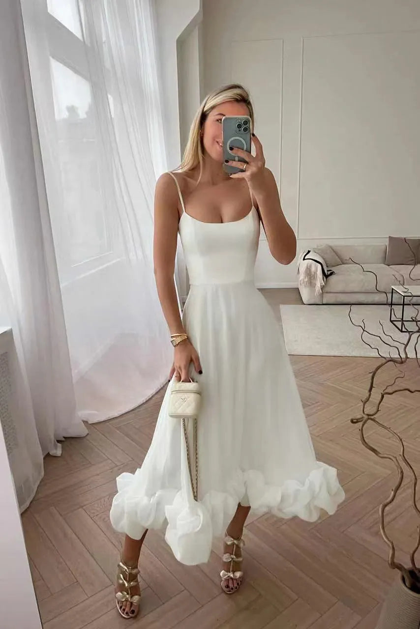 Spaghetti Strap Scoop Neck Fitted Bodice A-Line Midi Dress