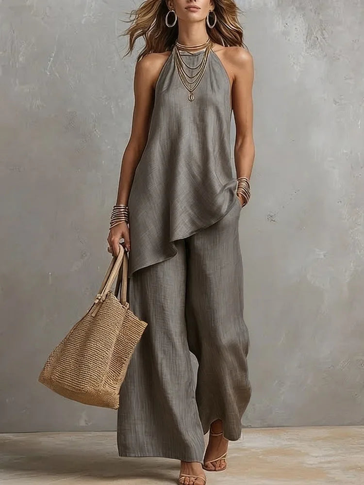 Halter Neck Asymmetric Hem Top and Wide Leg Pants Two Piece Set 4