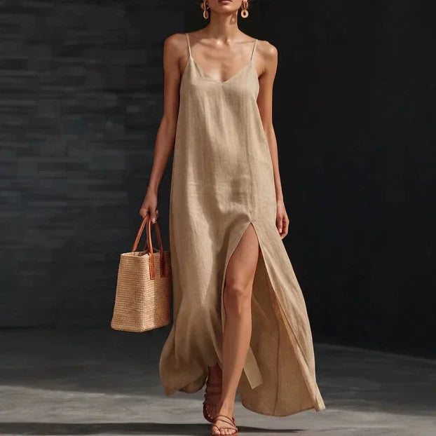 V-Neck Spaghetti Strap High Split Linen Look Maxi Dress 3