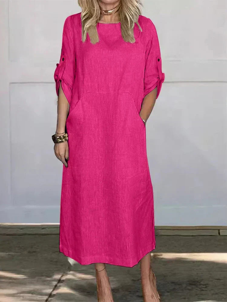 Crew Neck Short Sleeve Rolled Tab Pocket Shift Midi Summer Dress - View 6