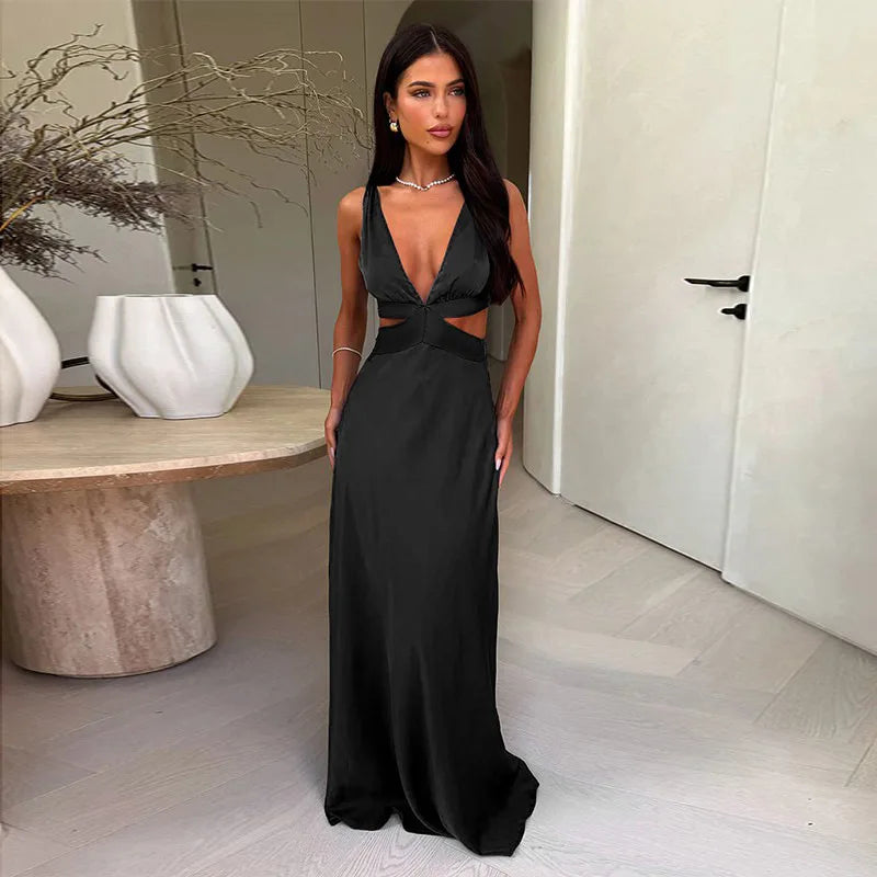 Satin Deep V-Neck Side Cut Out Waist Maxi Party Dress - View 5