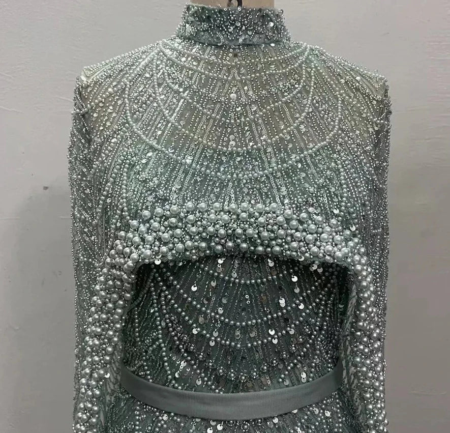 Beaded High Neck Cape Sleeve Sheer Mermaid Gown - View 13