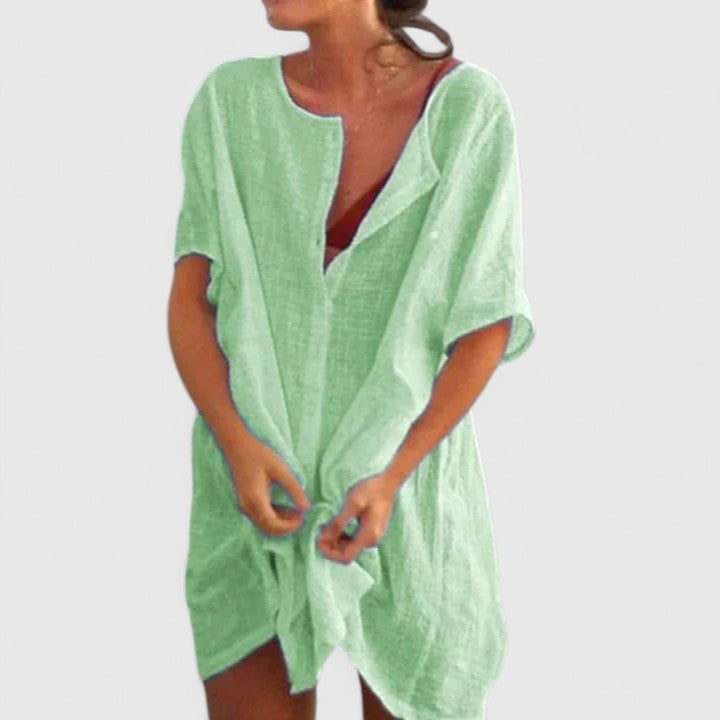 Button Front Short Sleeve Linen Look Shirt Dress 8