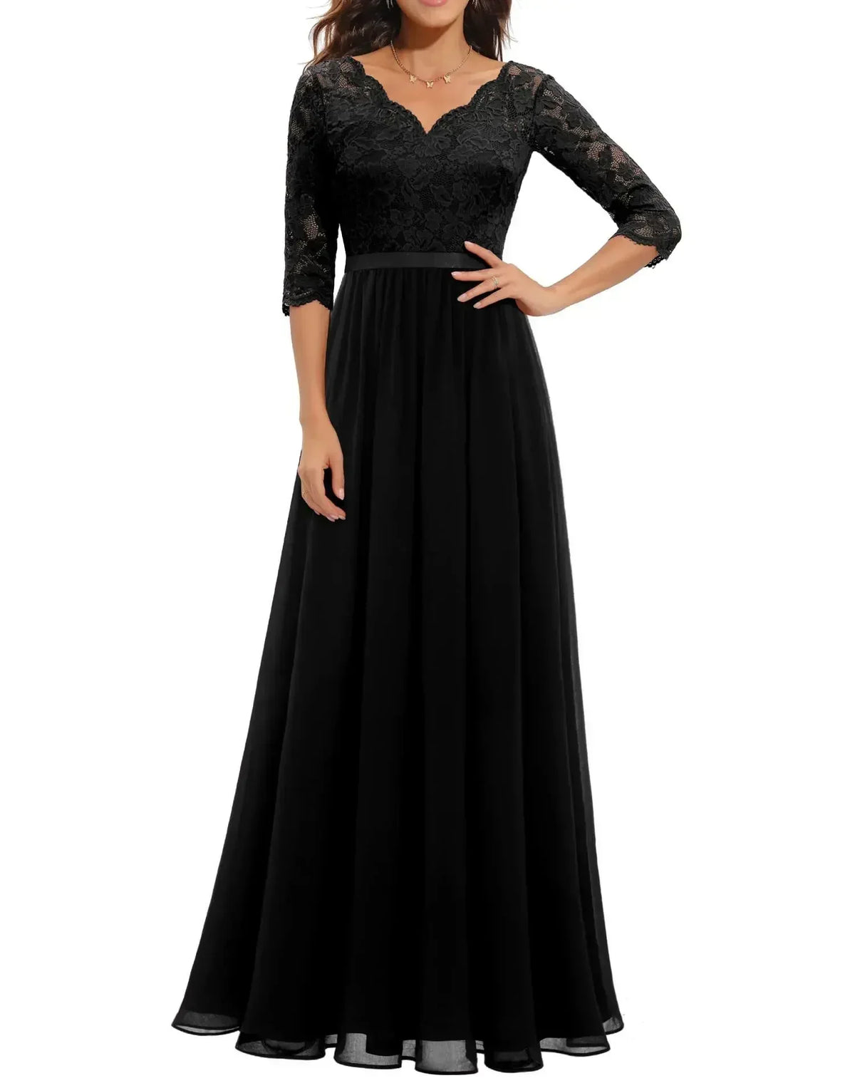 Lace V-Neck Chiffon A-Line Maxi Dress 3