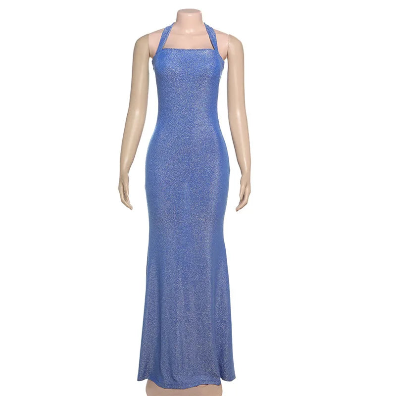 Glitter Halter Neck Backless Bodycon Mermaid Maxi Dress - View 6