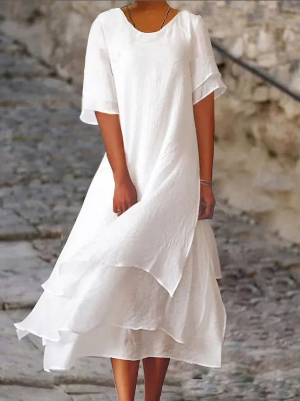 Round Neck Short Sleeve Layered Asymmetric Tiered Hem Midi Dress - View 5