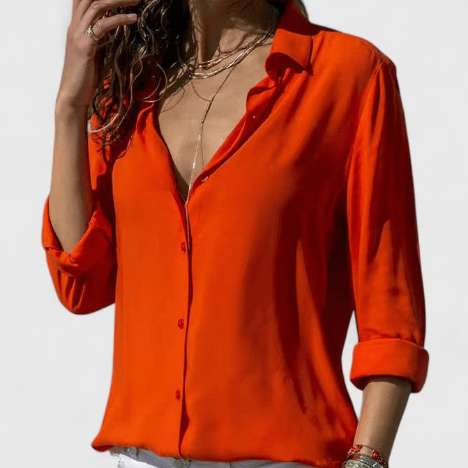 Collared Button Front Long Sleeve Satin Blouse 5