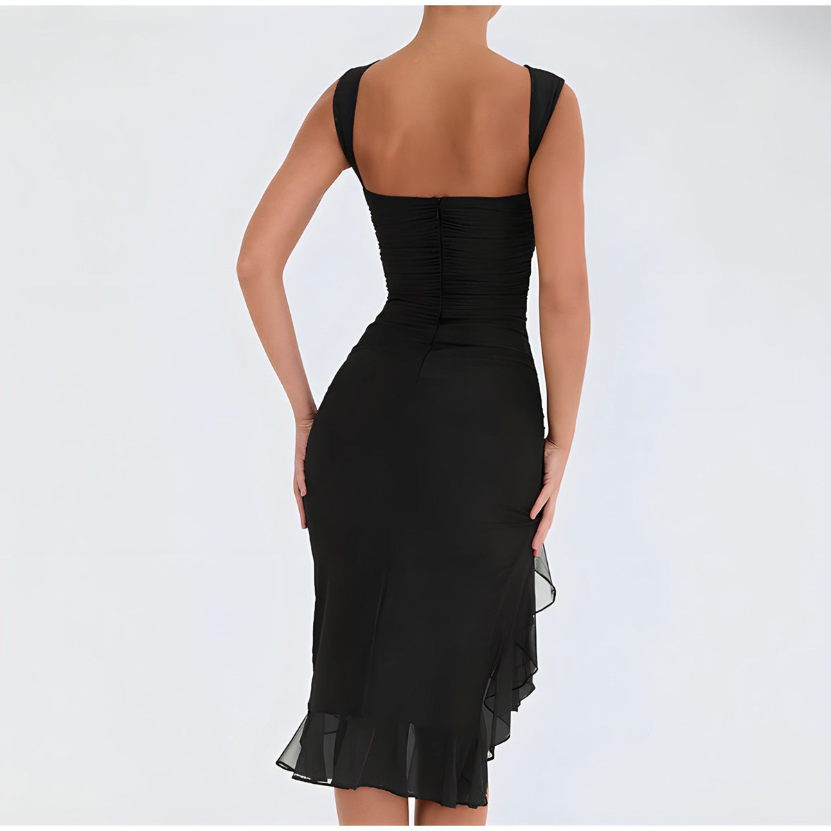 Sleeveless Crew Neck Bodycon Ruched Asymmetric Ruffle Hem Midi Dress - View 3