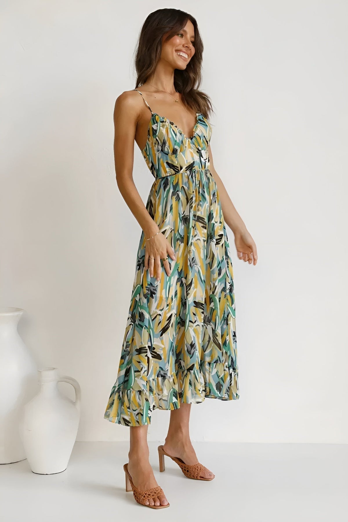 Abstract Print V-Neck Spaghetti Strap Tiered Midi Dress 7