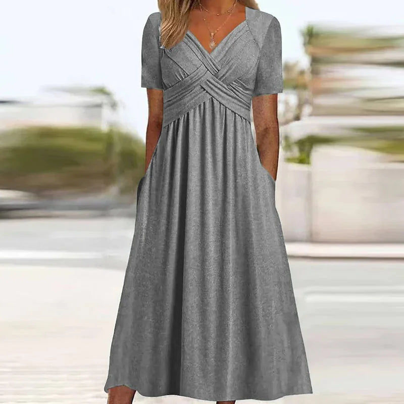 V-Neck Short Sleeve Surplice Wrap Pleated Pocket Maxi Dress - View 5