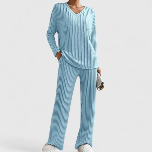 V-Neck Long Sleeve Ribbed Knit Top and Wide Leg Pants Two Piece Set 7
