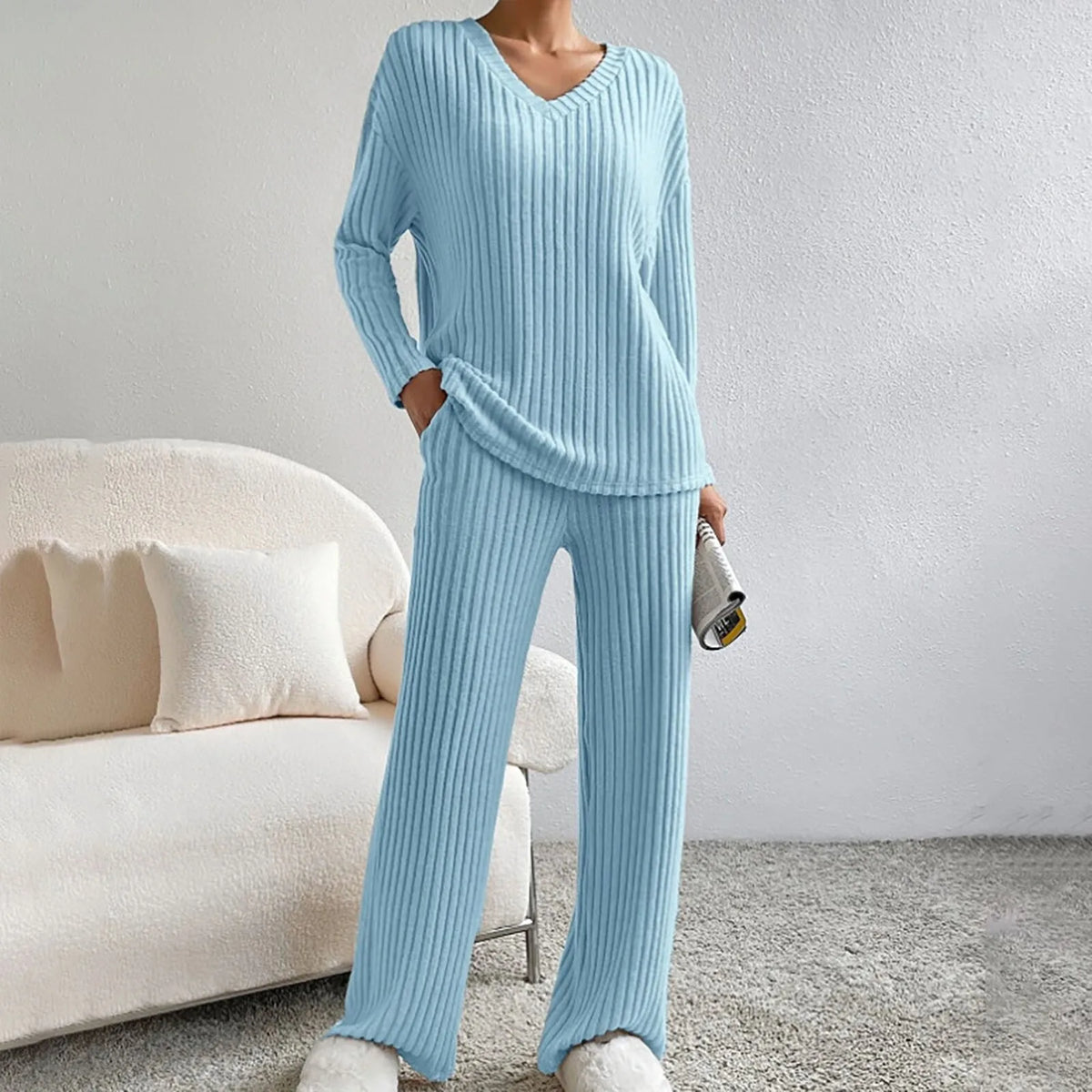 Ribbed Knit V-Neck Long Sleeve Top and Wide Leg Pants Two Piece Set 12