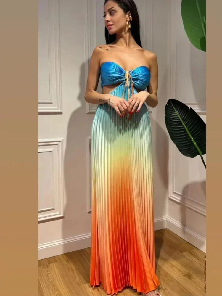 Satin Gradient Pleated Sleeveless Maxi Dress