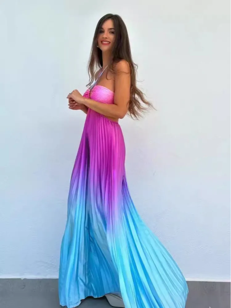 Satin Gradient Pleated Sleeveless Maxi Dress - View 3