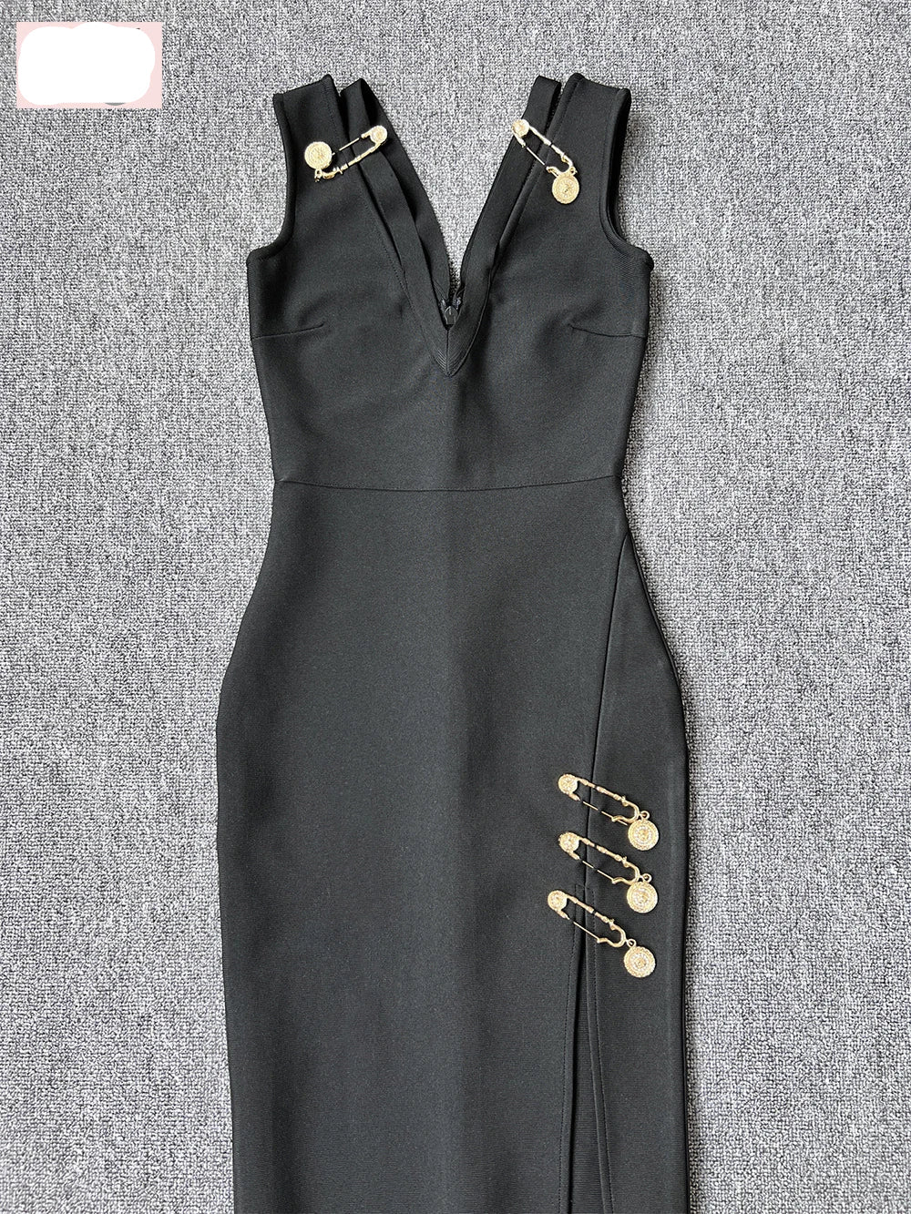 Medallion Safety Pin Sleeveless V-Neck Wrap Bandage Midi Dress - View 4