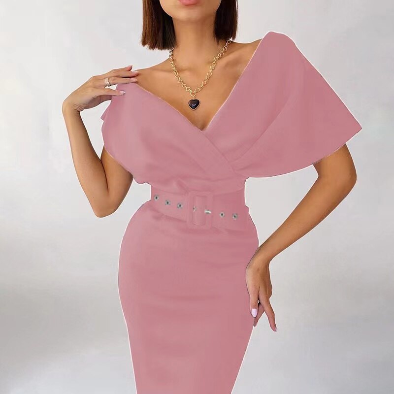 Off Shoulder Structured Collar Belted Bodycon Midi Cocktail Dress - View 5