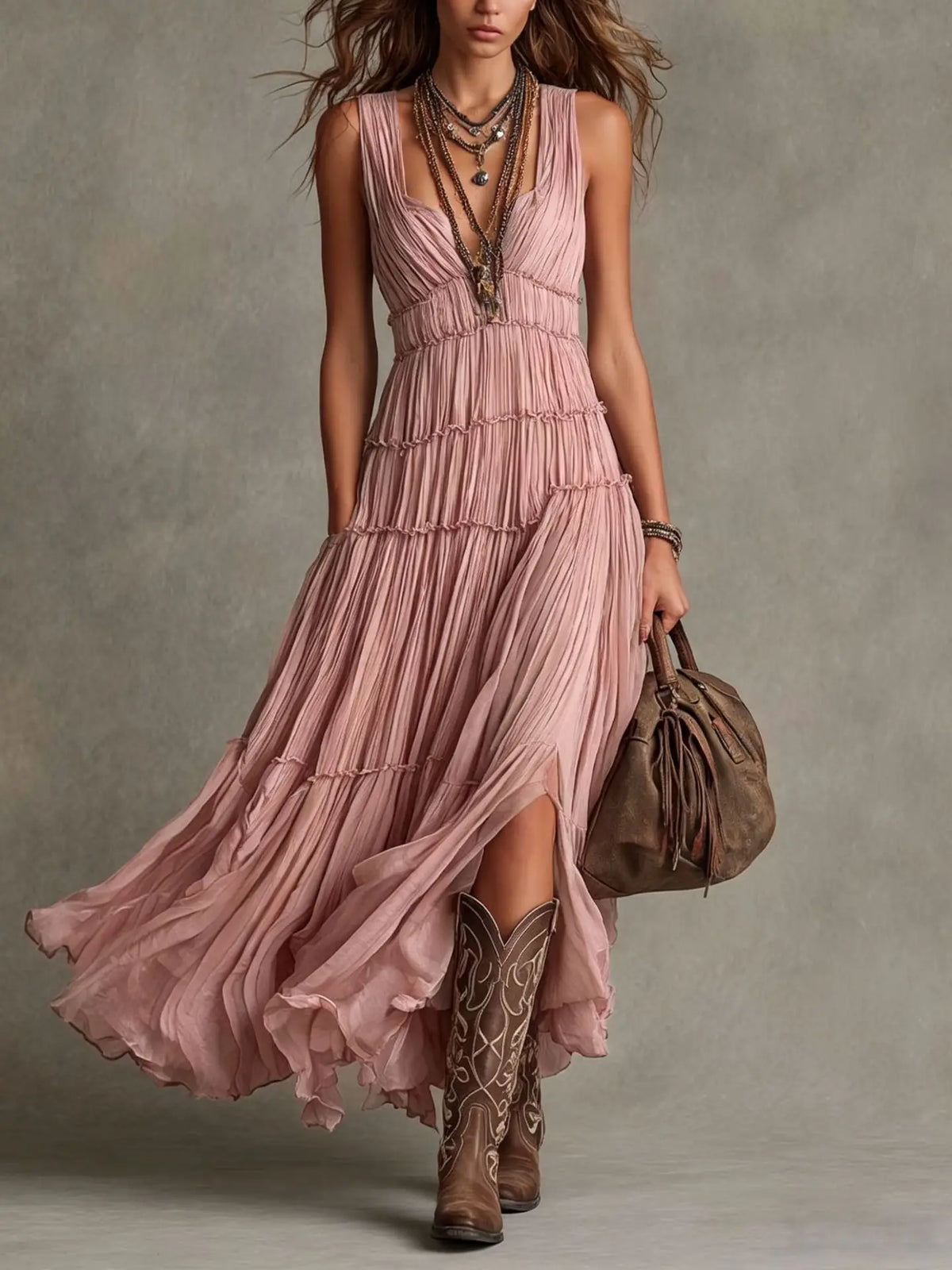 Pleated V-Neck Sleeveless High Split Tiered Maxi Dress 4