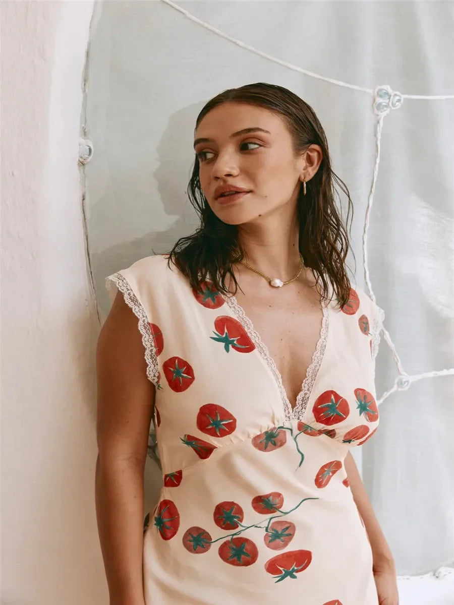 V-neck Lace-up Sleeveless Floral Dress - View 2