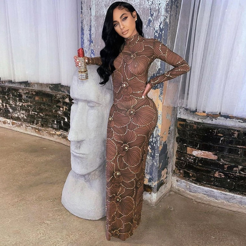 Crew Neck Long Sleeve Rhinestone Mesh Bodycon Maxi Dress 4