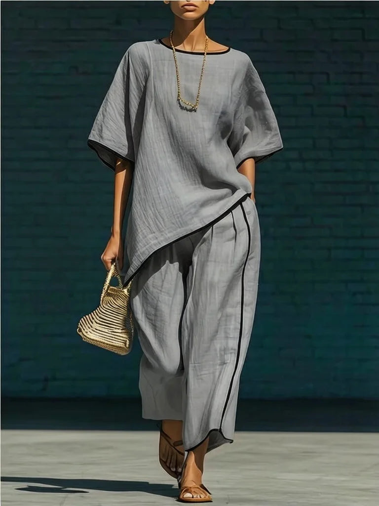 Short Sleeve Asymmetric Hem Top and Wide Leg Pants Two Piece Set 5