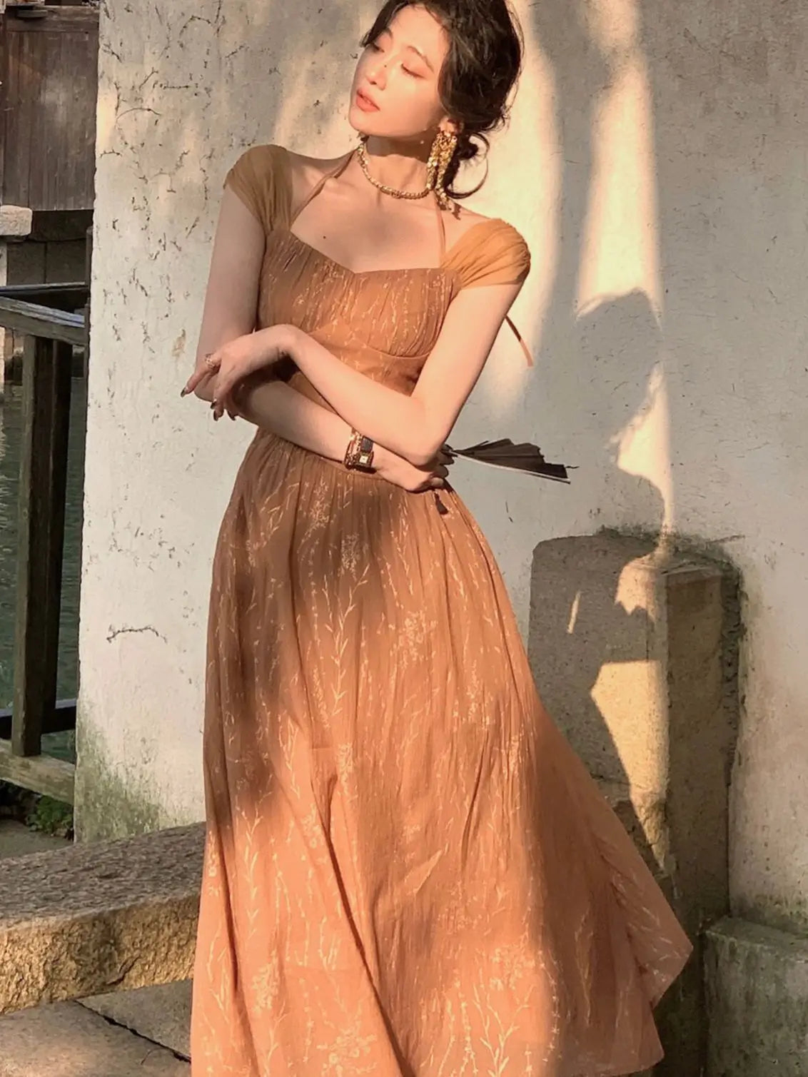 Square Neck Cap Sleeve Ruched Fit and Flare Midi Dress - View 8