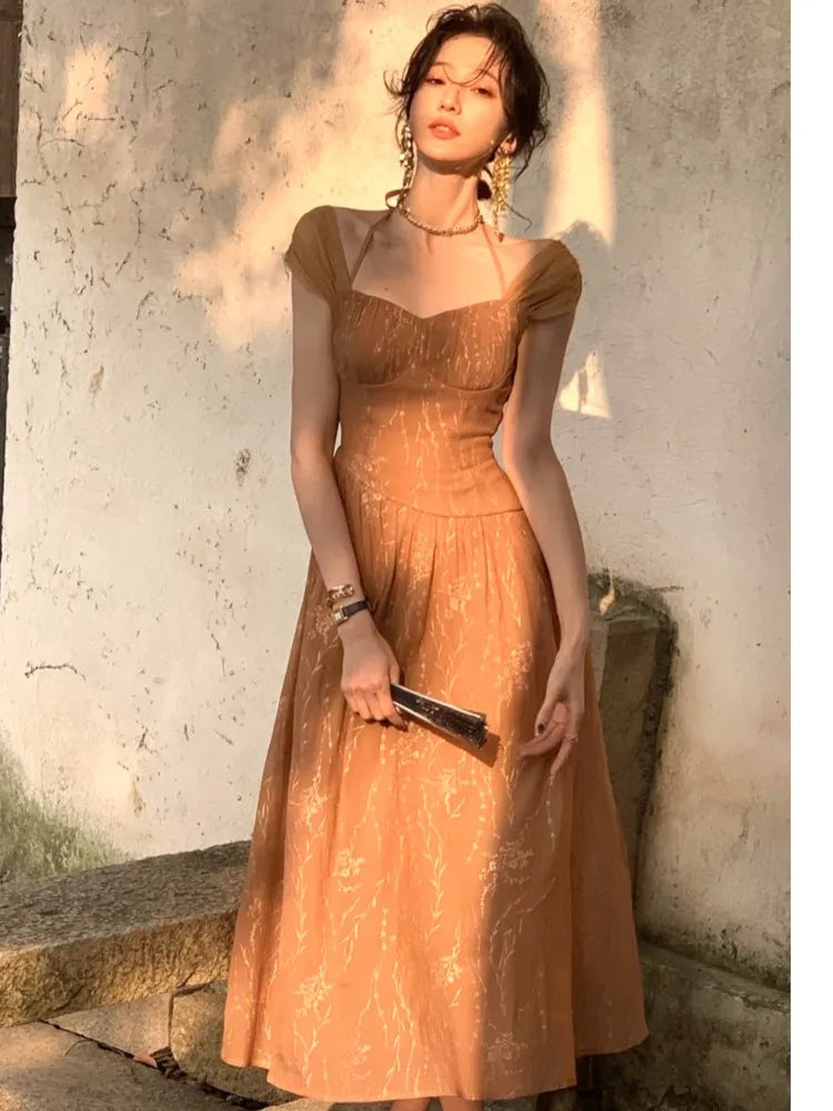 Square Neck Cap Sleeve Ruched Fit and Flare Midi Dress - View 2