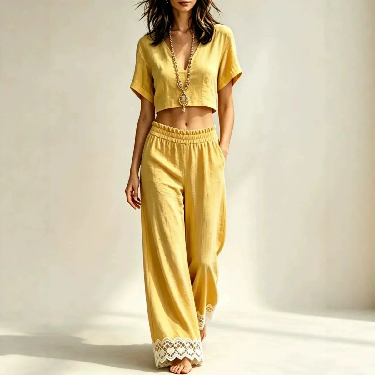 V-Neck Crop Top and Lace Trim Wide Leg Pants Two Piece Set 3