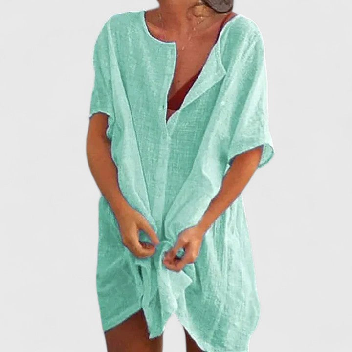 Button Front Short Sleeve Linen Look Shirt Dress 9
