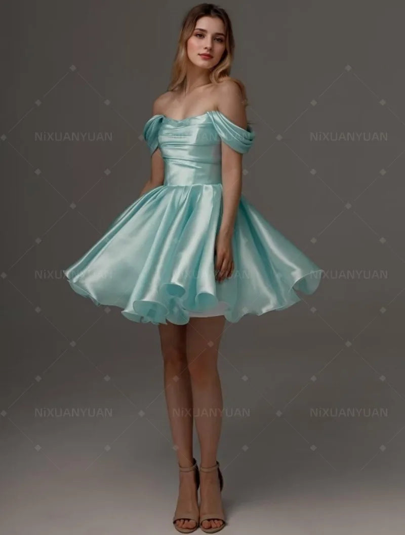 Satin Off Shoulder Ruched Bubble Hem A-Line Mini Dress - View 2