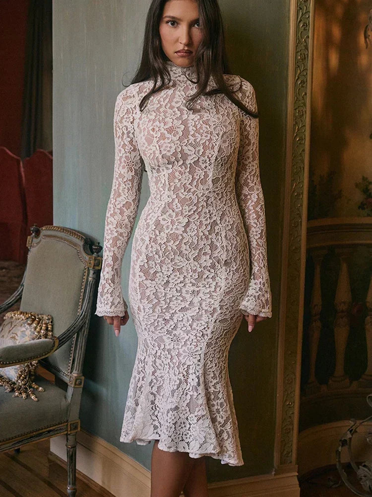 Lace White Long Sleeve Turtleneck Dress