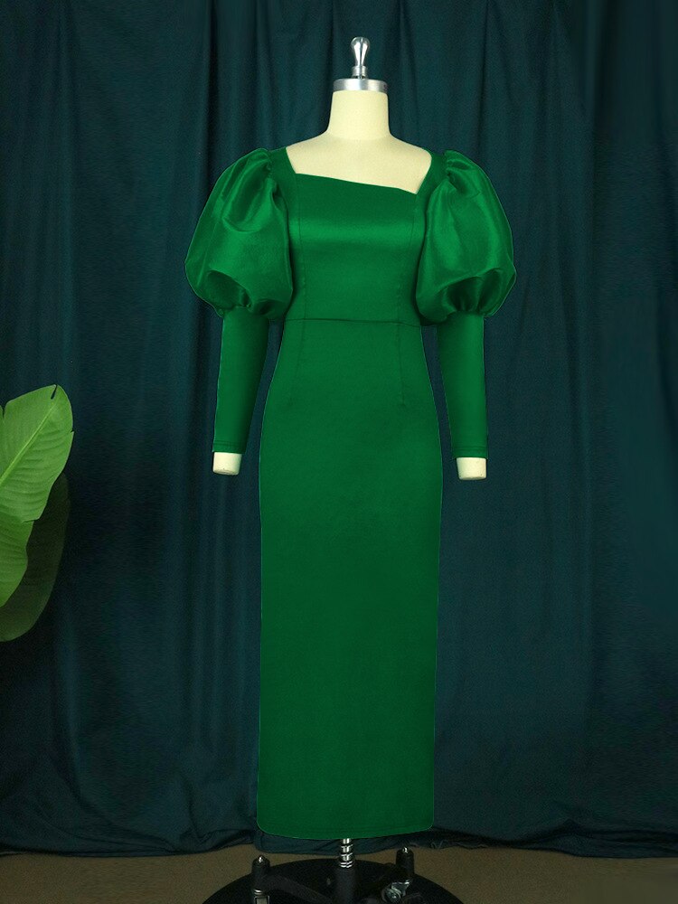 Satin Square Neck Puff Sleeve Bodycon Maxi Dress - View 10