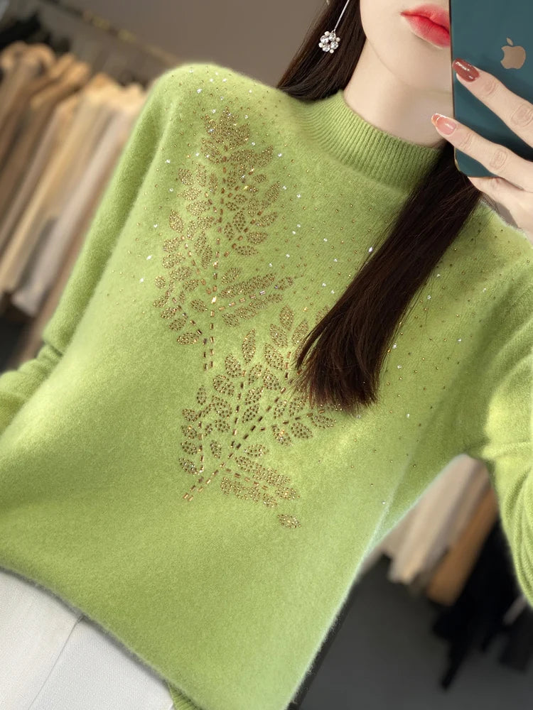 Mock Neck Long Sleeve Rhinestone Knit Sweater 8