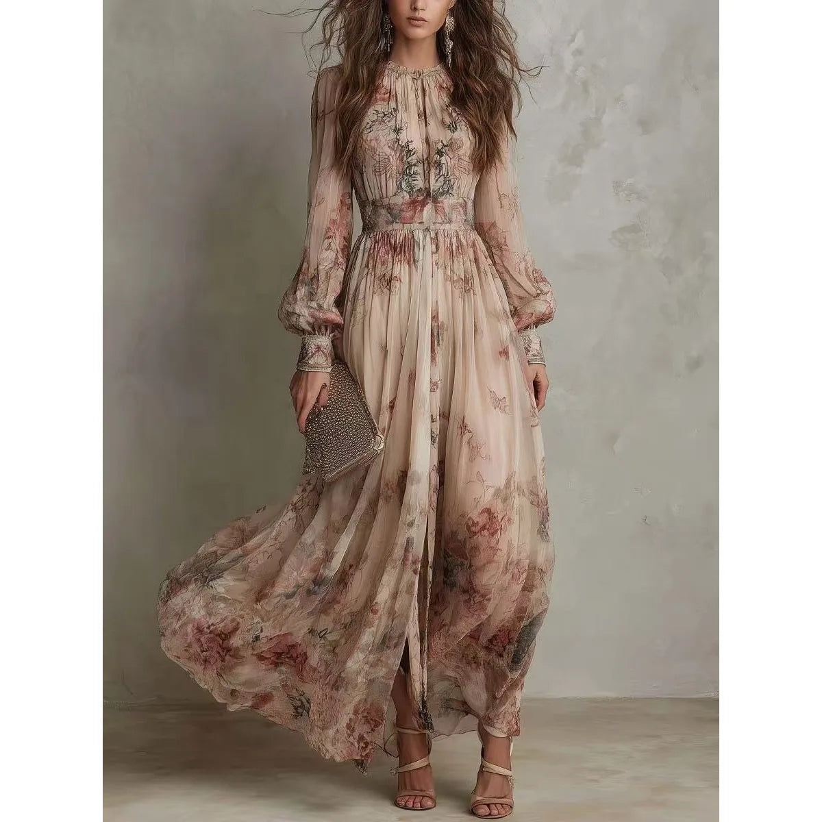 Floral Tie Neck Long Sleeve High Split Chiffon Maxi Dress